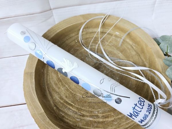 Kommunionkerze Kreise in Blau-Silber mit christlichen Symbolen